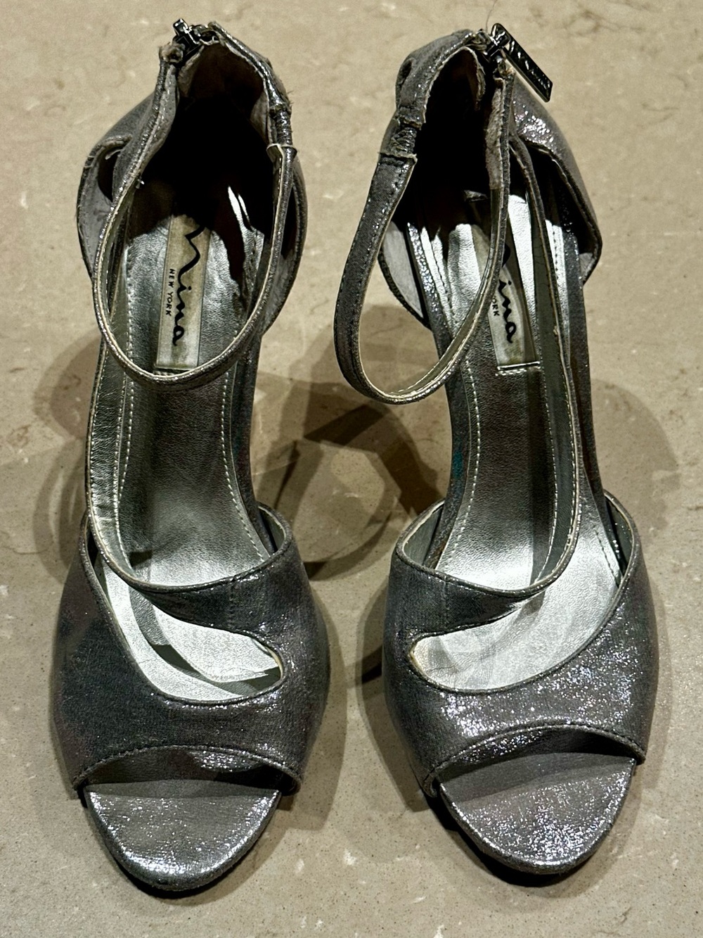 Nina Metallic Glitter Silver Open-Toe Ankle-Strap Mirror 4” Stiletto Heels 7.5
